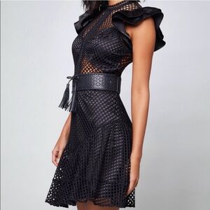 bebe NWT Black Lattice Lace Mesh Sexy Dress Ruffle Sleeve Self-Portrait Style S